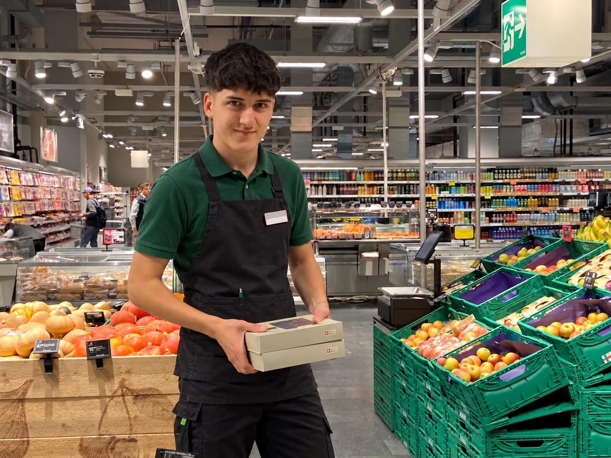 Joshua mit Waren in der Gemüseabteilung.